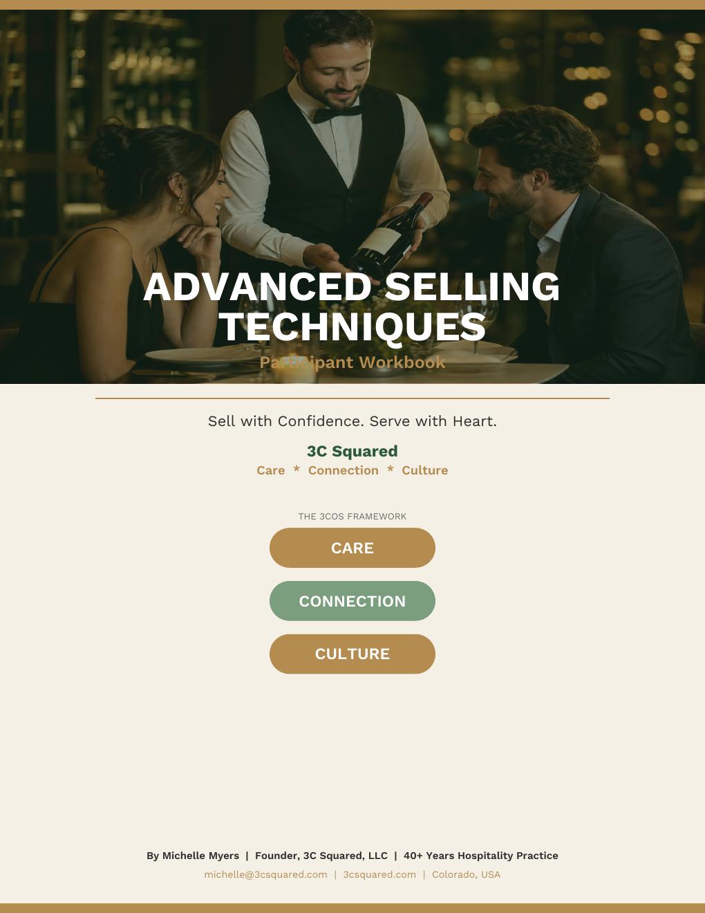 Advanced Selling Techniques workbook cover — server presenting wine