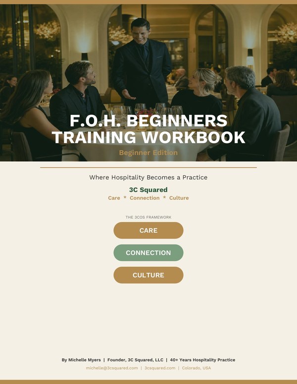F.O.H. Beginners Training Workbook cover — warm restaurant dining room